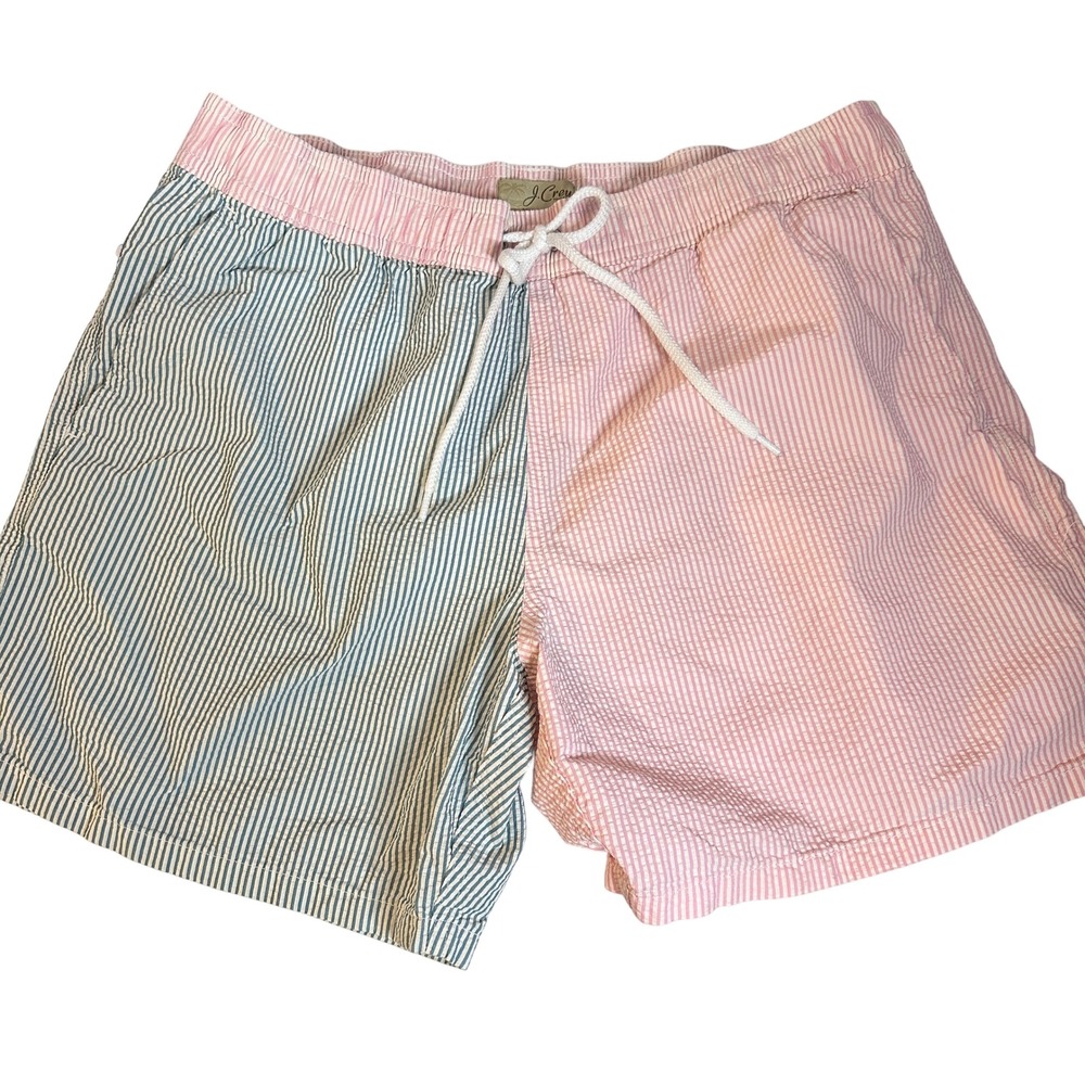 J.CREW Mens Seersucker Swim Trunks Colorblock Pink Blue Striped L Board Shorts
